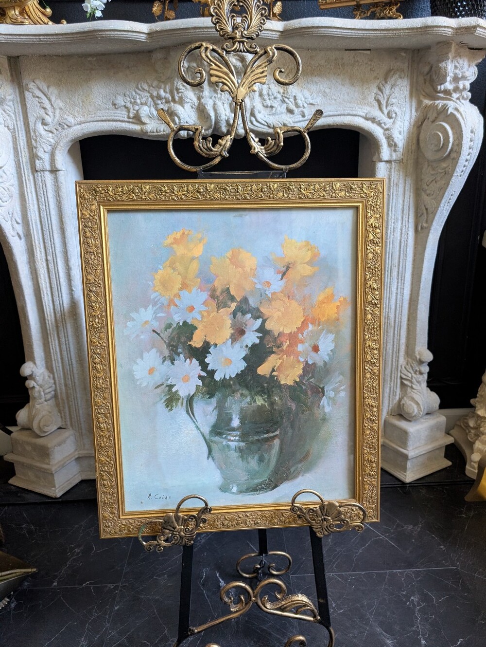 Vintage R. Calao "Daisies" Museum Print Editions Floral Art Print in Ornate Gold